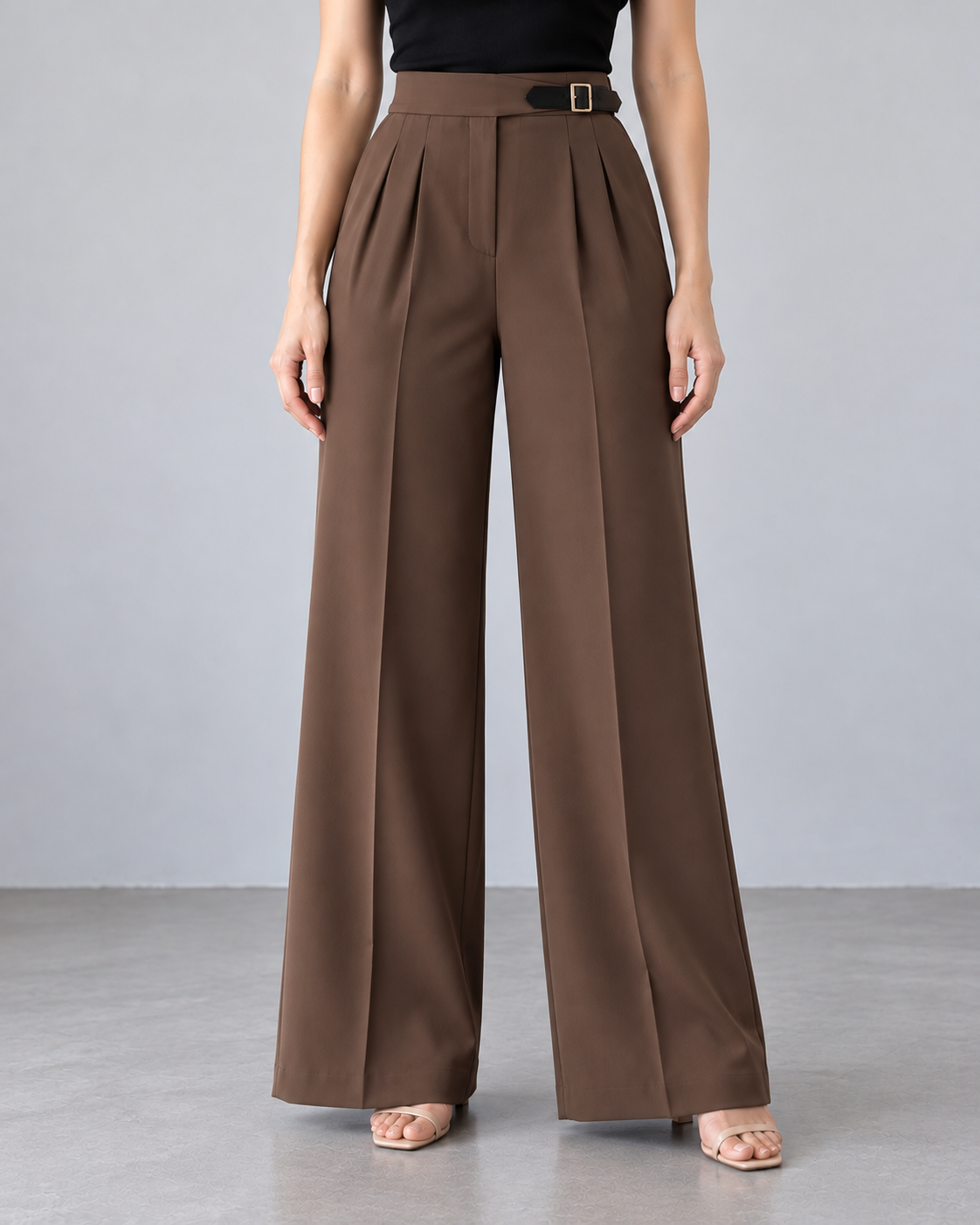Side-Belted Wide-Leg Trousers – coffee front – ELVÉRA women's office wear Malaysia