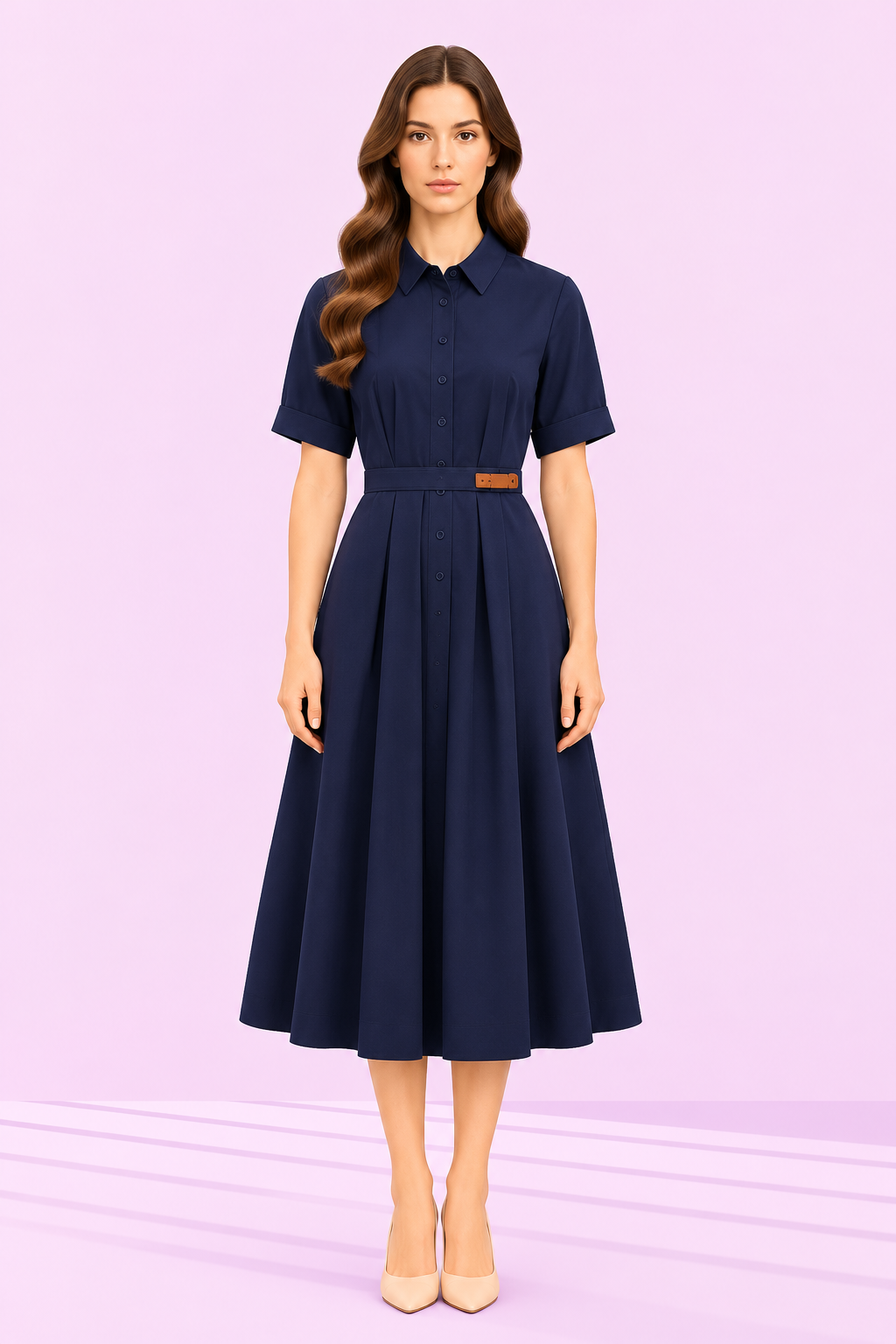 The Weekday Belted Shirt Dress – Navy – front – ELVÉRA women's office wear Malaysia