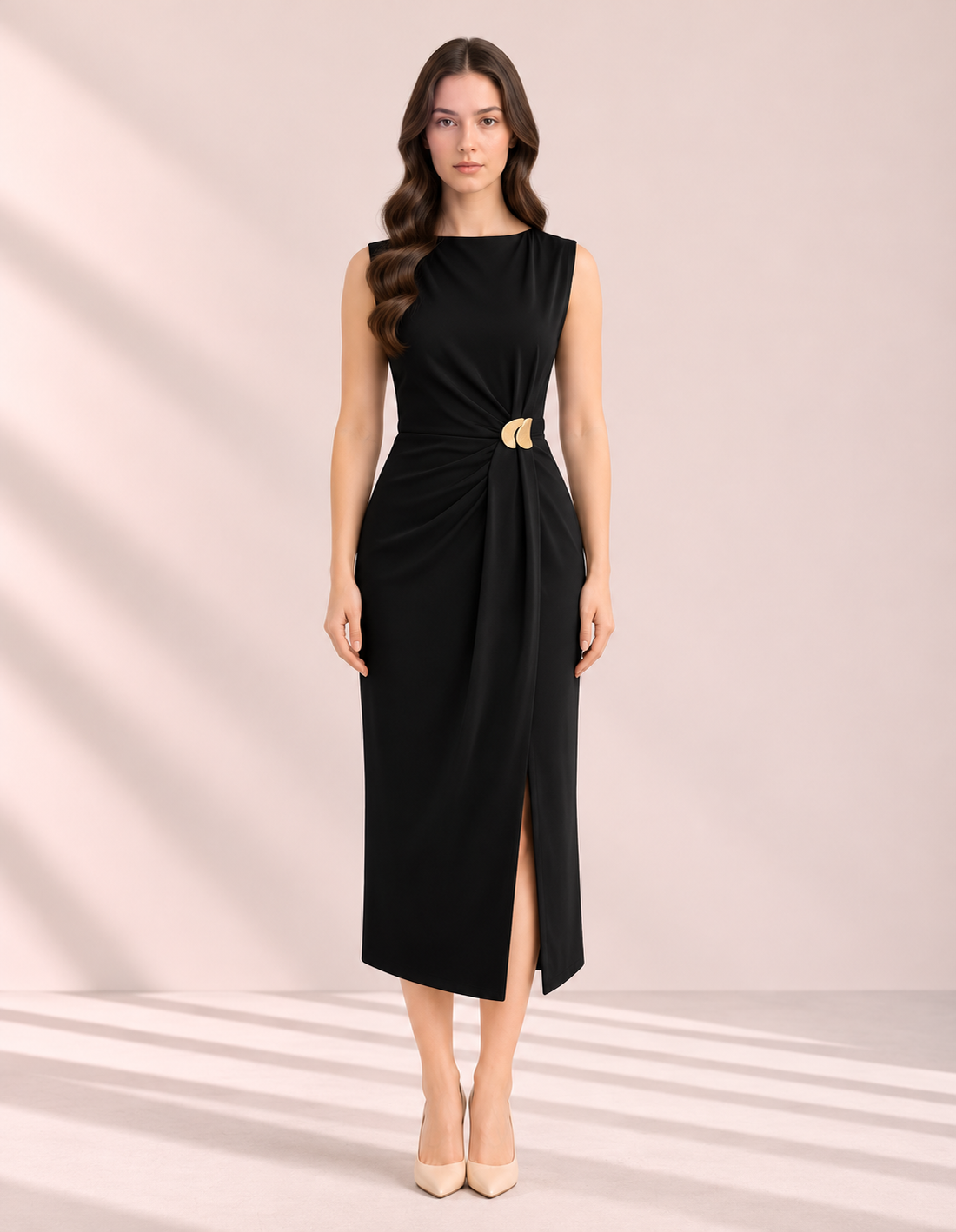 Side-Gathered Sleeveless Midi Dress – front – ELVÉRA women's office wear Malaysia