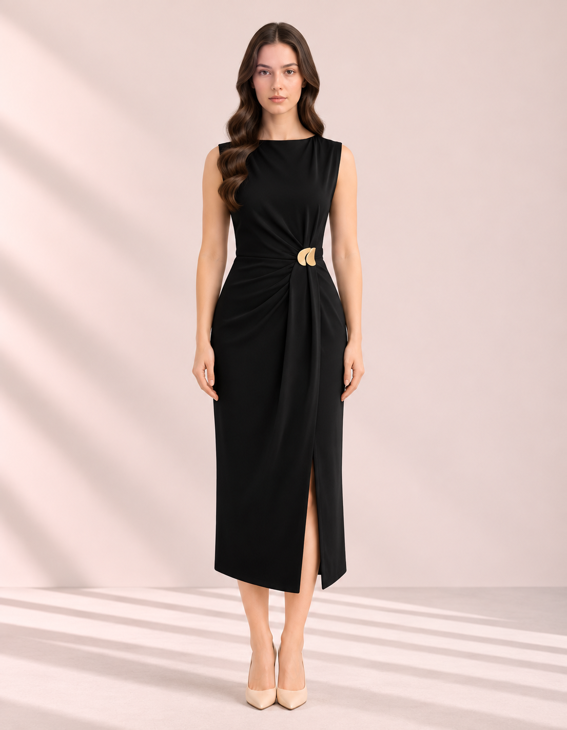 Side-Gathered Sleeveless Midi Dress – front – ELVÉRA women's office wear Malaysia