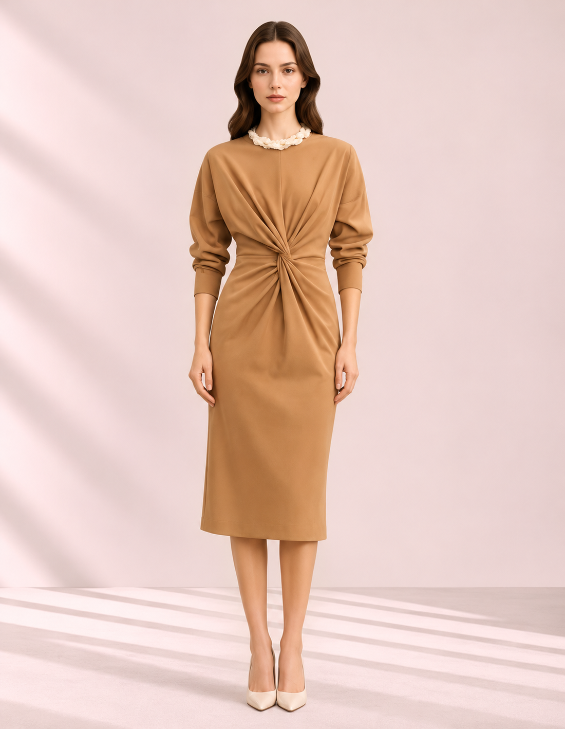 Twist-Front Midi Dress – front – ELVÉRA women's office wear Malaysia