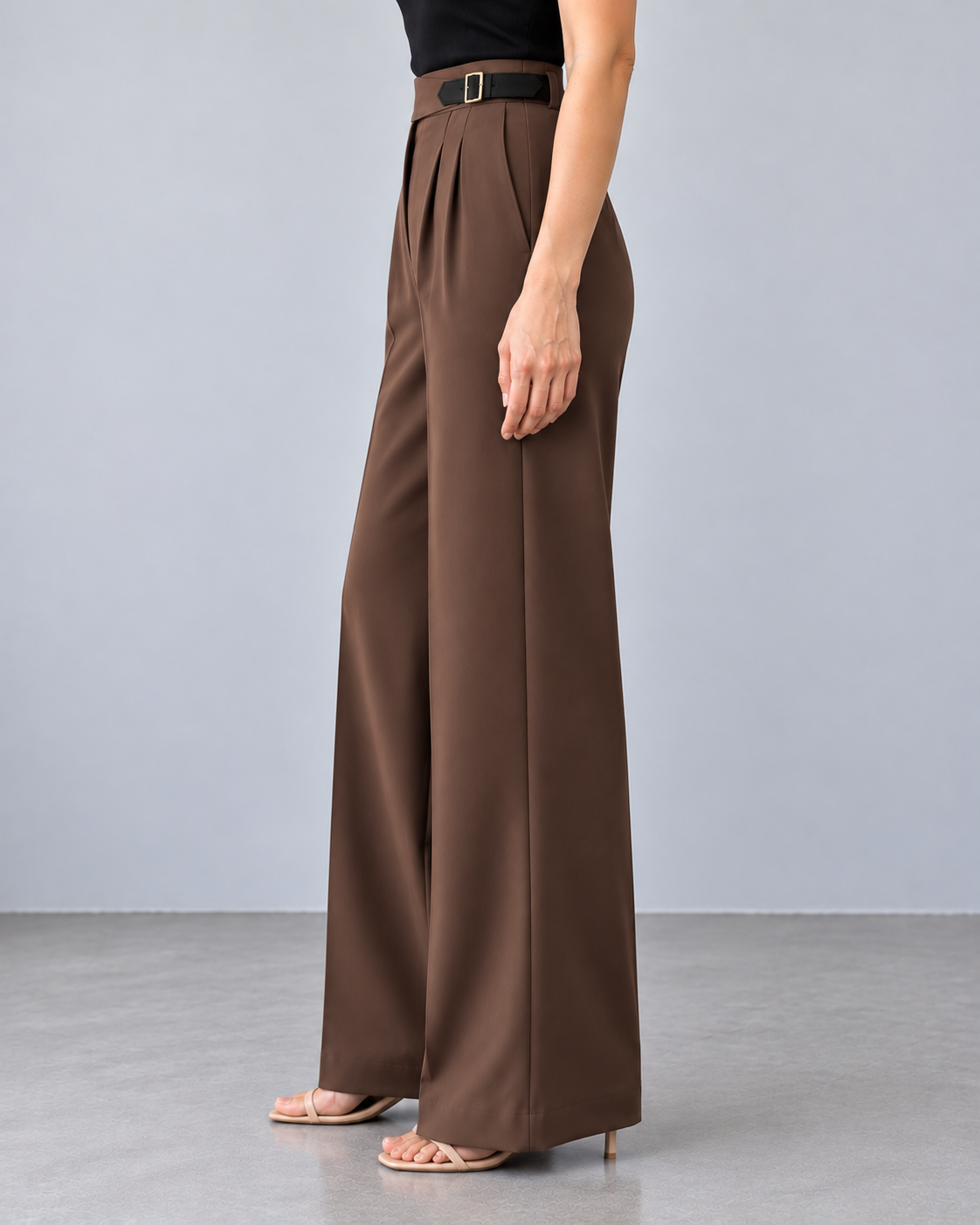 Side-Belted Wide-Leg Trousers – coffee side – ELVÉRA women's office wear Malaysia