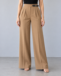 Side-Belted Wide-Leg Trousers – khaki front – ELVÉRA women's office wear Malaysia