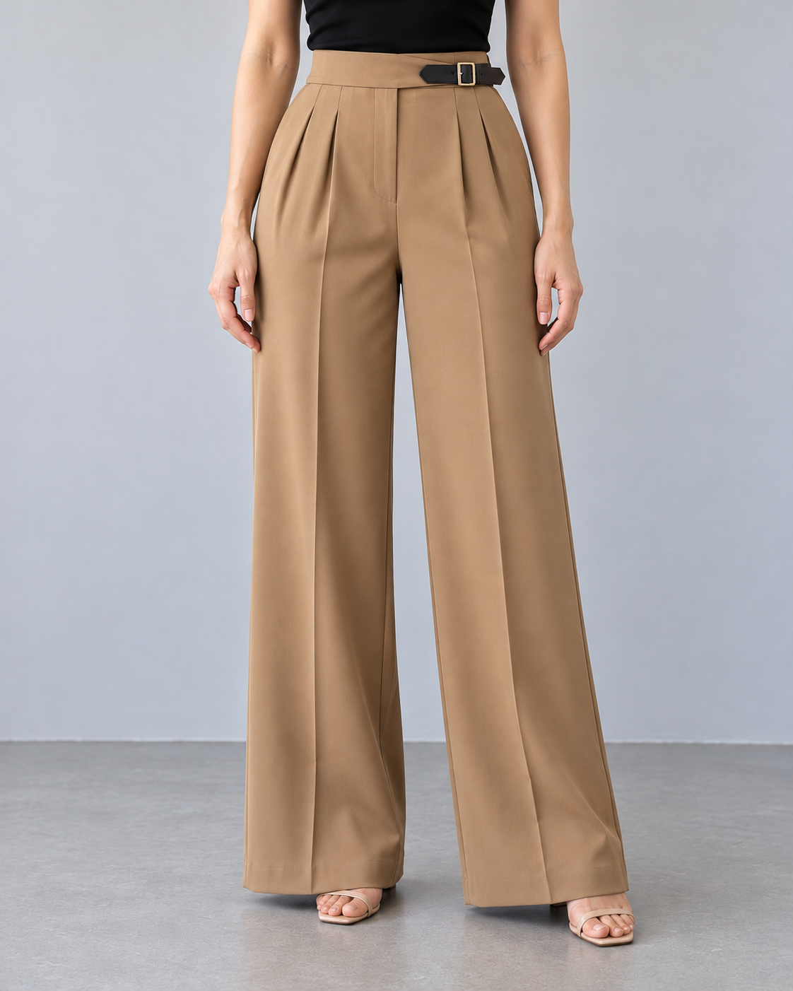 Side-Belted Wide-Leg Trousers – khaki front – ELVÉRA women's office wear Malaysia