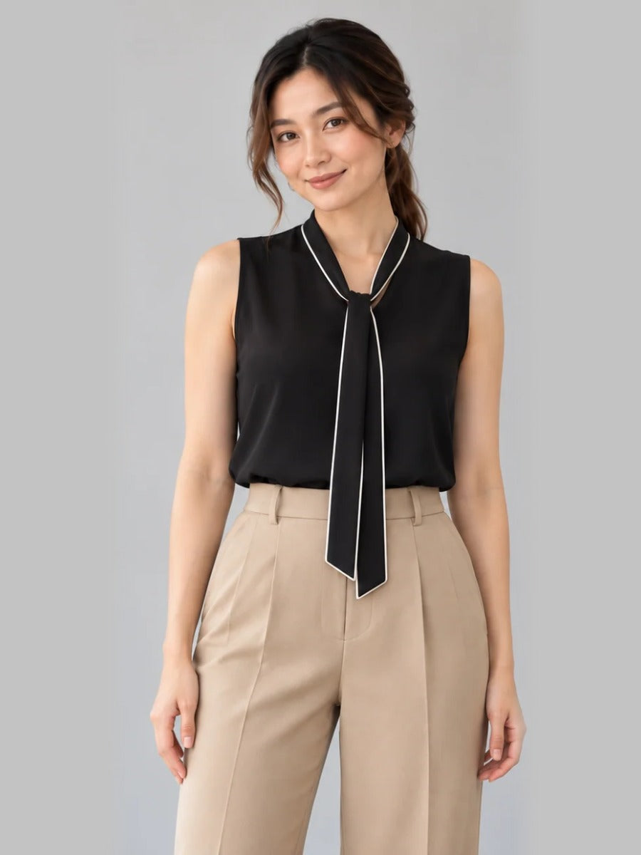 Contrast Piping Sleeveless Top – black front – ELVÉRA women's office wear Malaysia