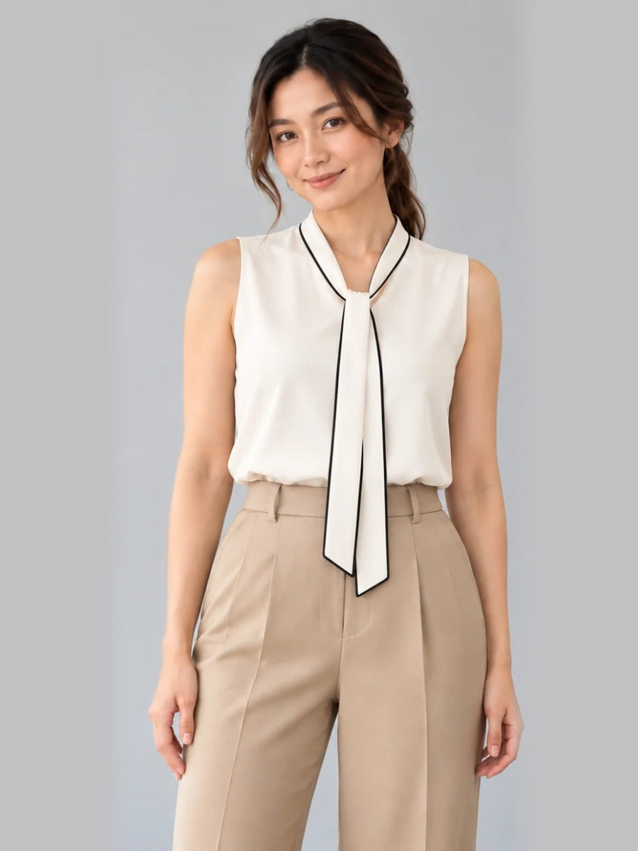 Contrast Piping Sleeveless Top – white front – ELVÉRA women's office wear Malaysia