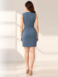 Belted Sleeveless Day Dress – dusty blue back – ELVÉRA women's office wear Malaysia