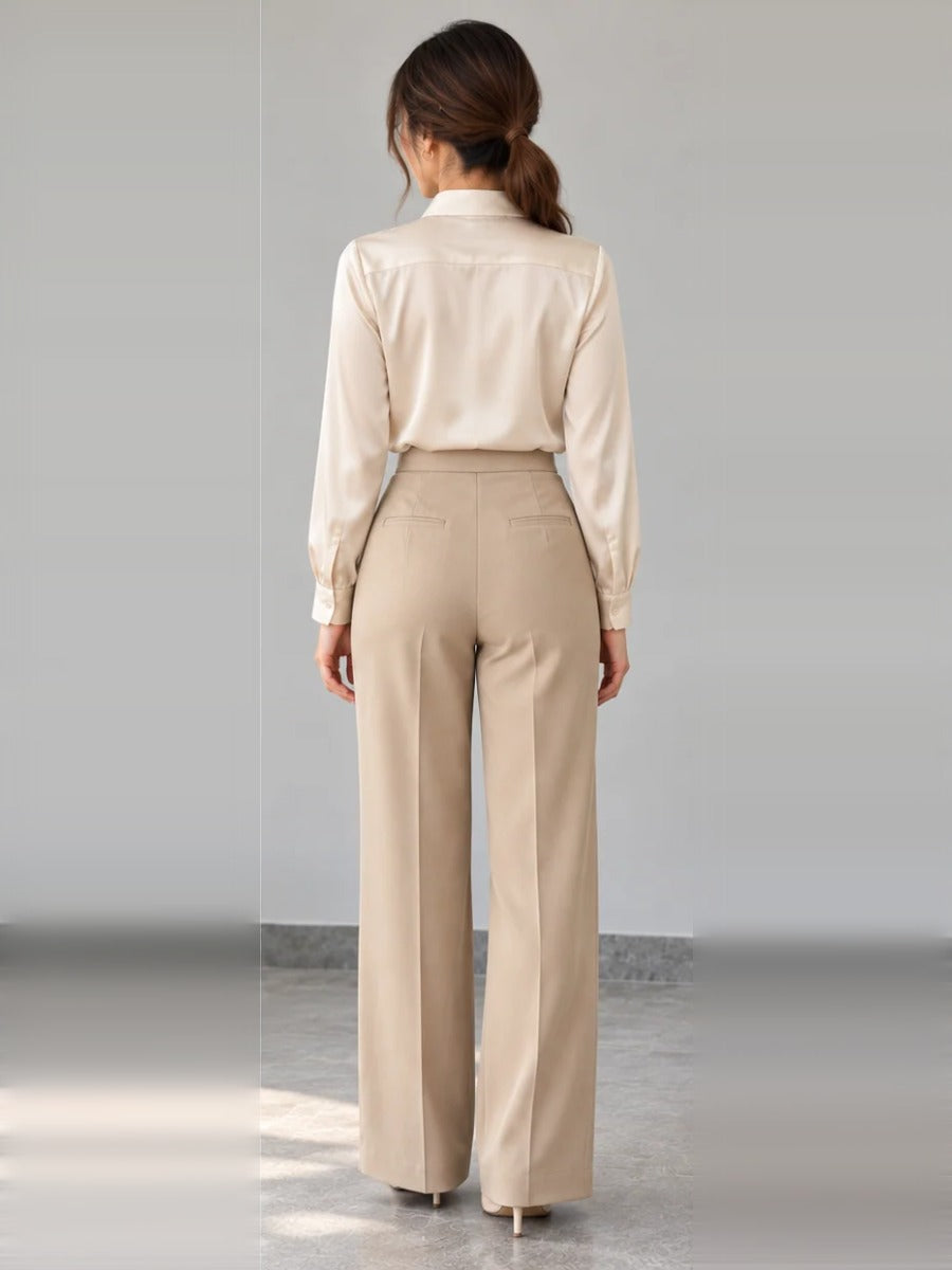 Liquid Satin Shirt – beige back – ELVÉRA women's office wear Malaysia