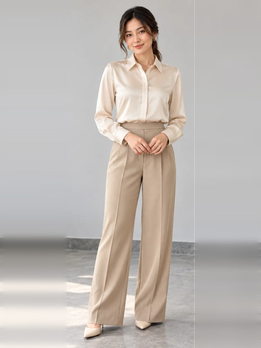 Liquid Satin Shirt – beige front – ELVÉRA women's office wear Malaysia