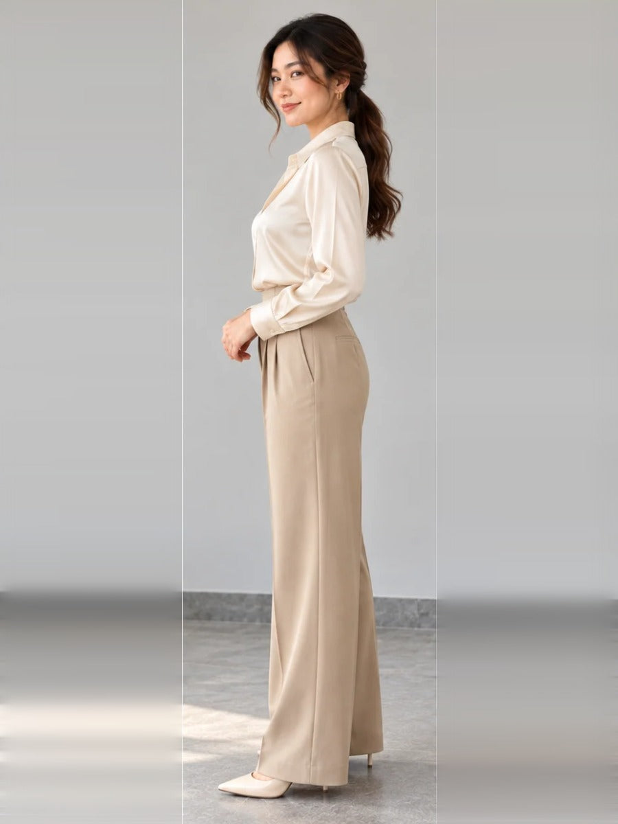 Liquid Satin Shirt – beige side – ELVÉRA women's office wear Malaysia