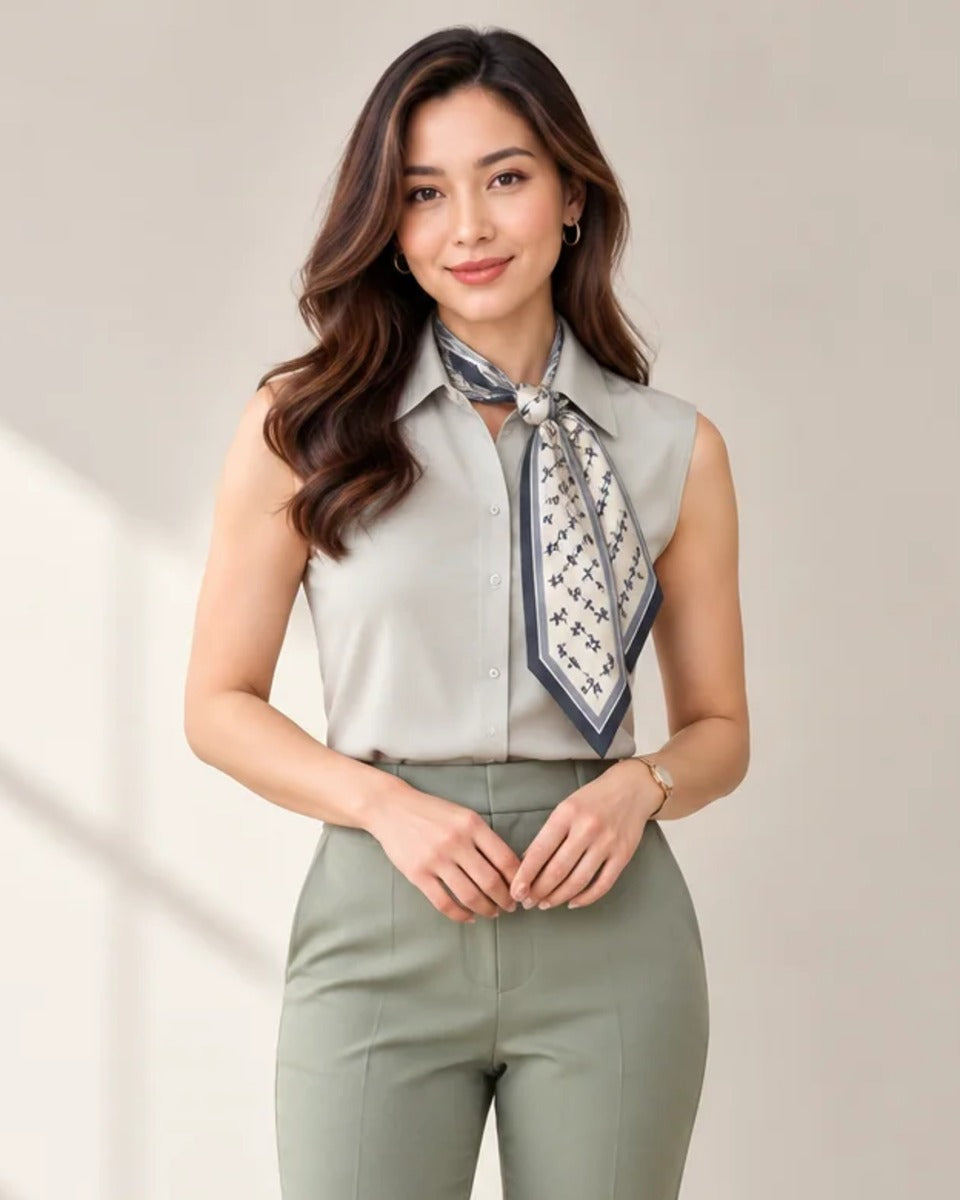 Scarf-Tie Short Sleeve Blouse – gray scarf close-up – ELVÉRA women's office wear Malaysia