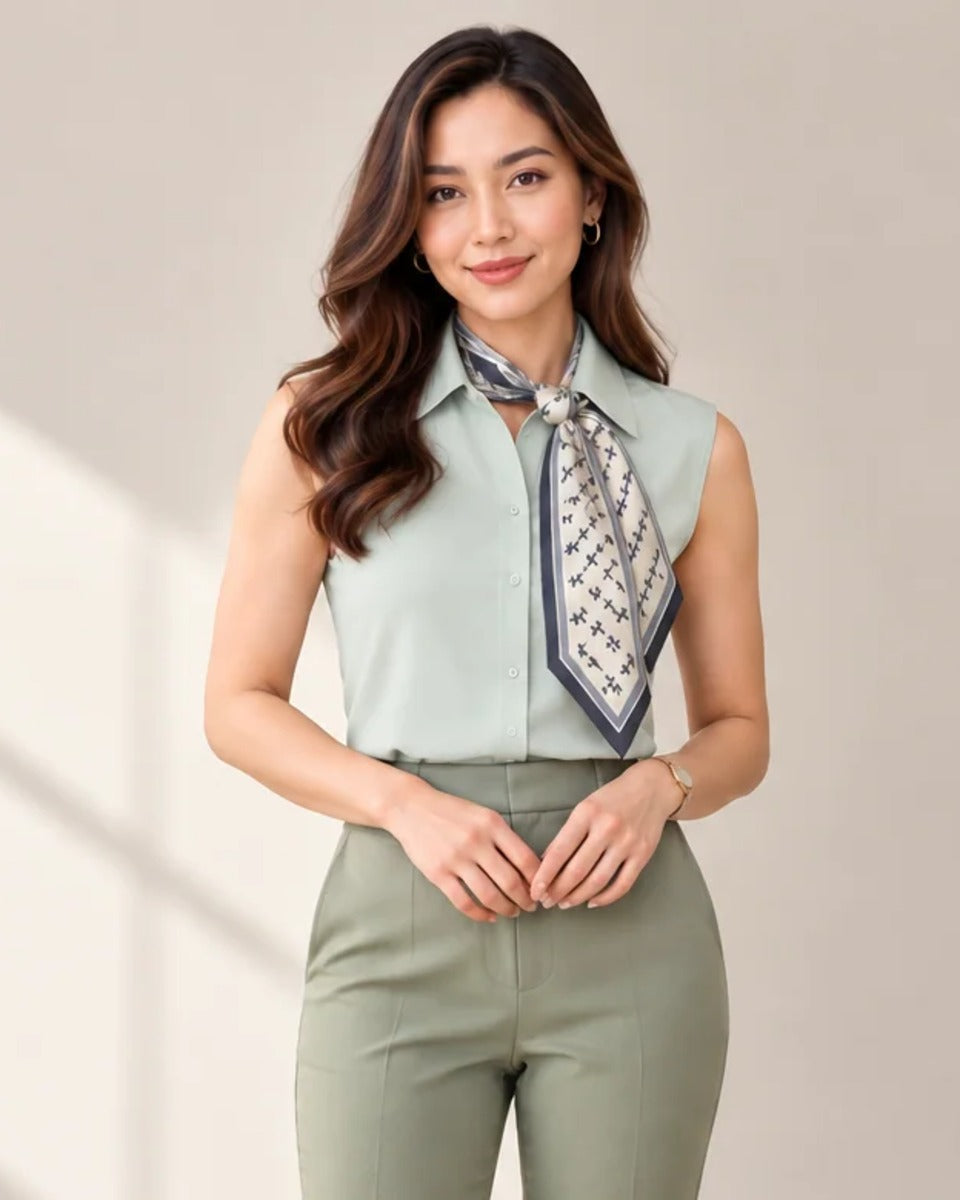 Scarf-Tie Short Sleeve Blouse – mint green scarf close-up – ELVÉRA women's office wear Malaysia